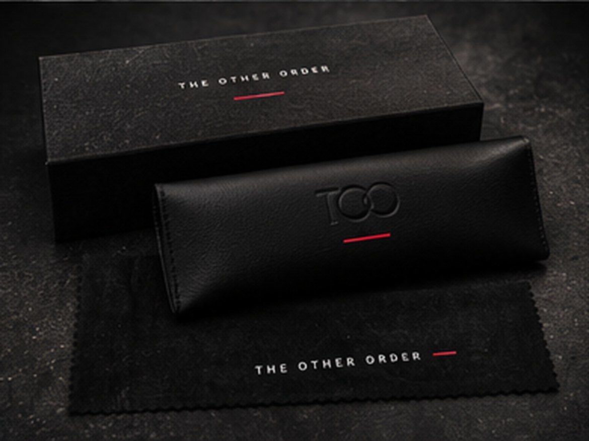 Concept image of a black case and cloth with a quiet wordmark