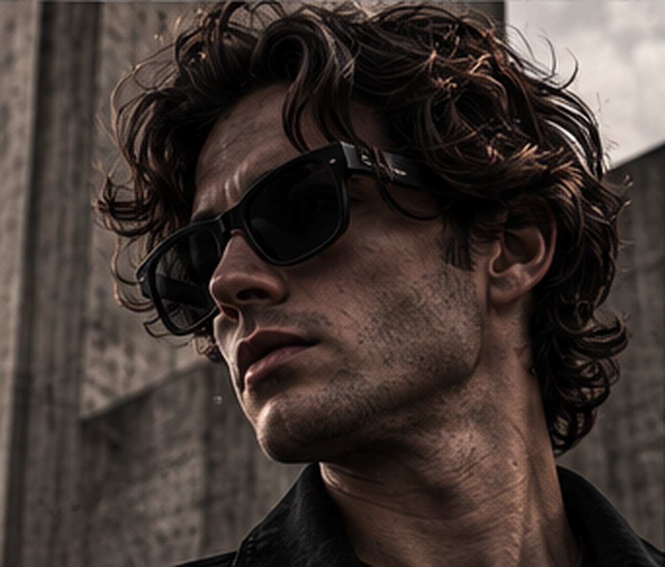 Concept image of a person in black sunglasses against concrete