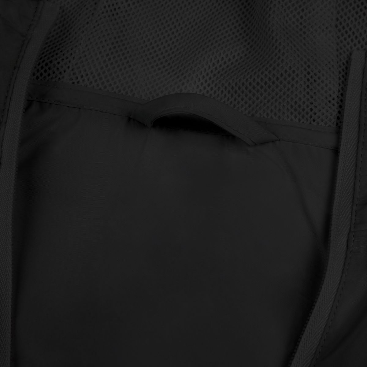 The Other Order LOW PROFILE, windbreaker in obsidian — detail — mesh-lined hood