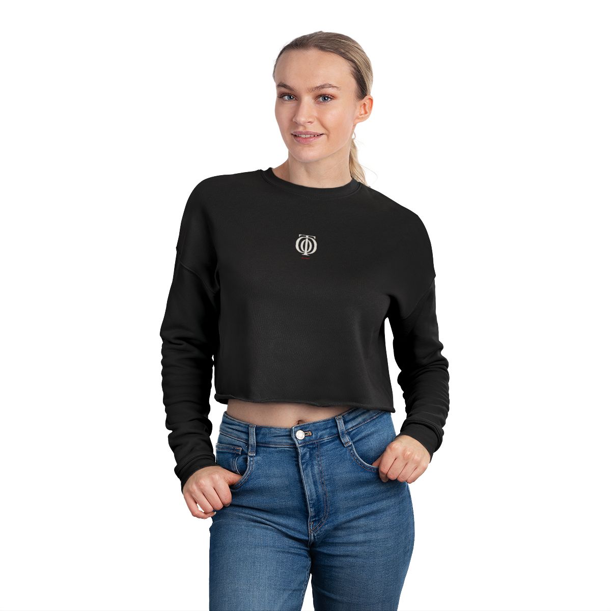 The Other Order NO INTRODUCTION, cropped crewneck in obsidian — worn — front