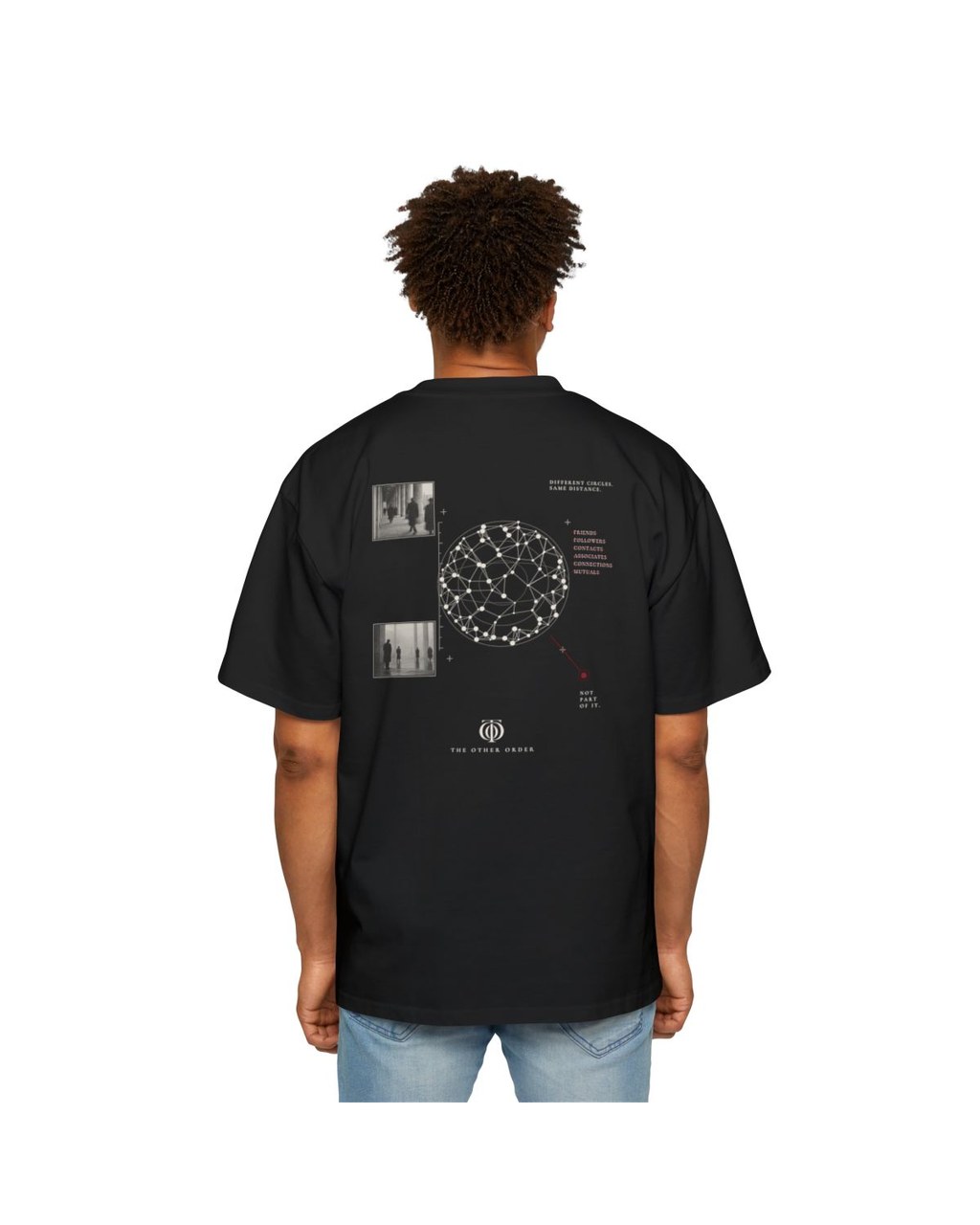 The Other Order NO MUTUALS., signature network tee in obsidian — on body — rear