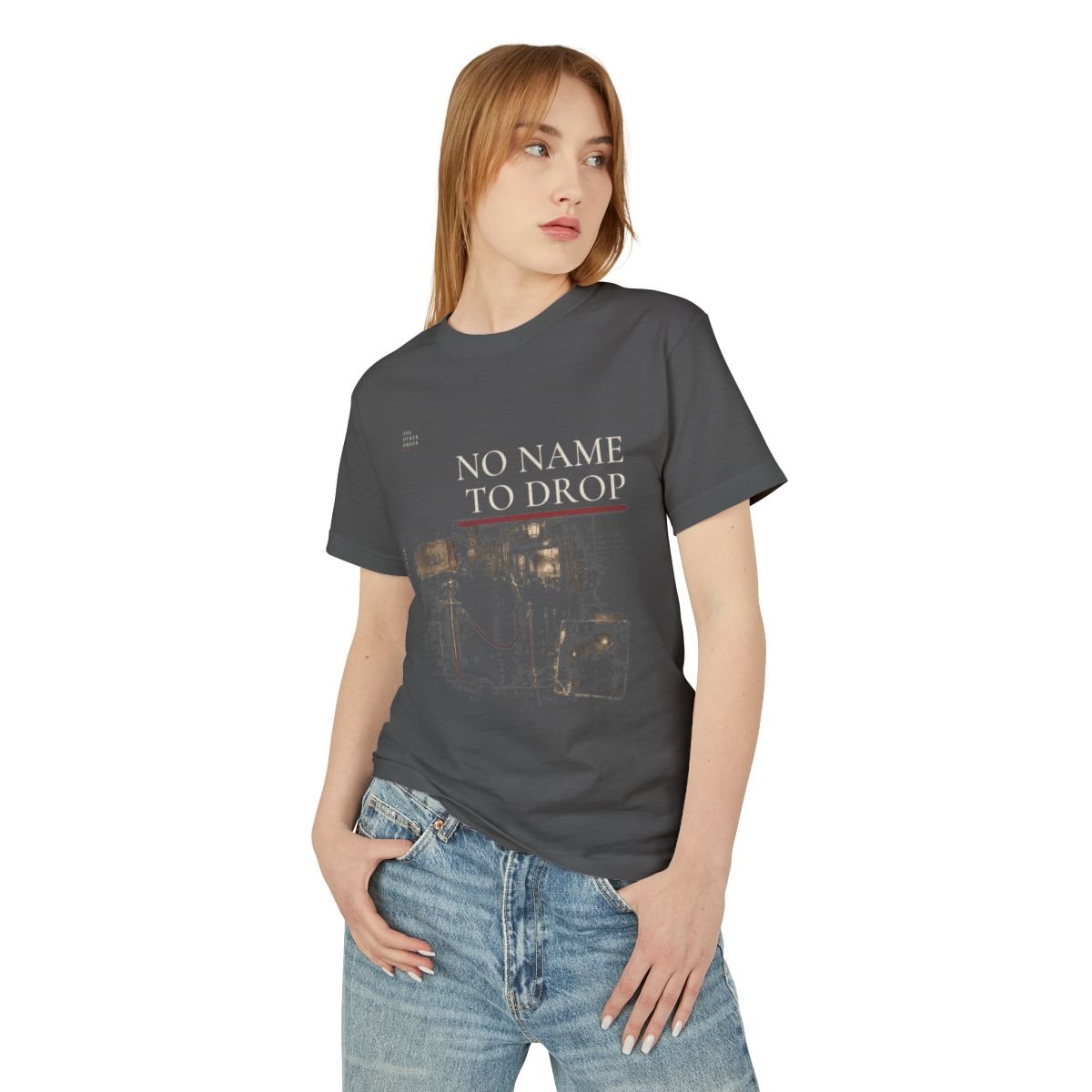 The Other Order NO NAME TO DROP., graphic study tee in obsidian — worn