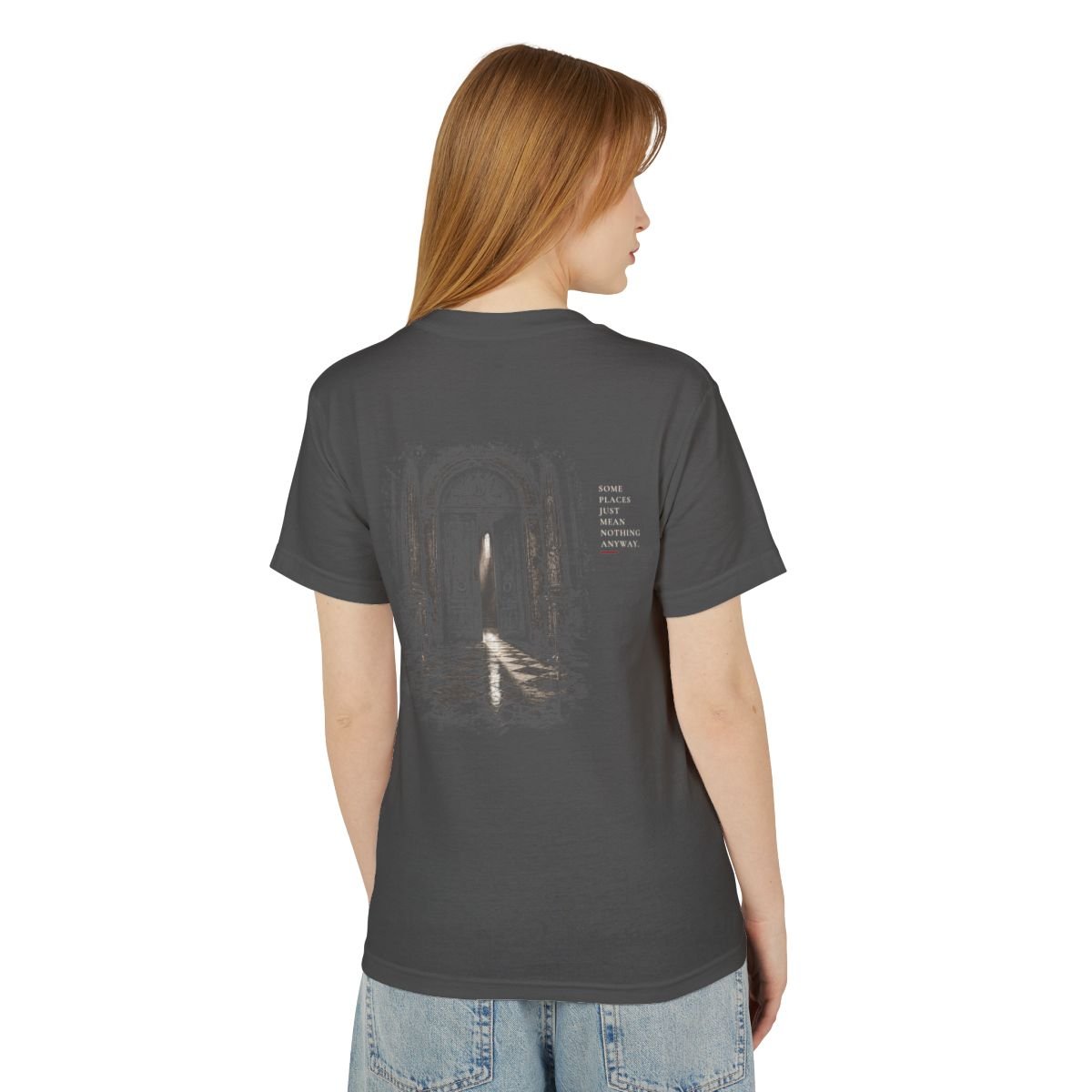 The Other Order NO NAME TO DROP., graphic study tee in obsidian — worn — rear