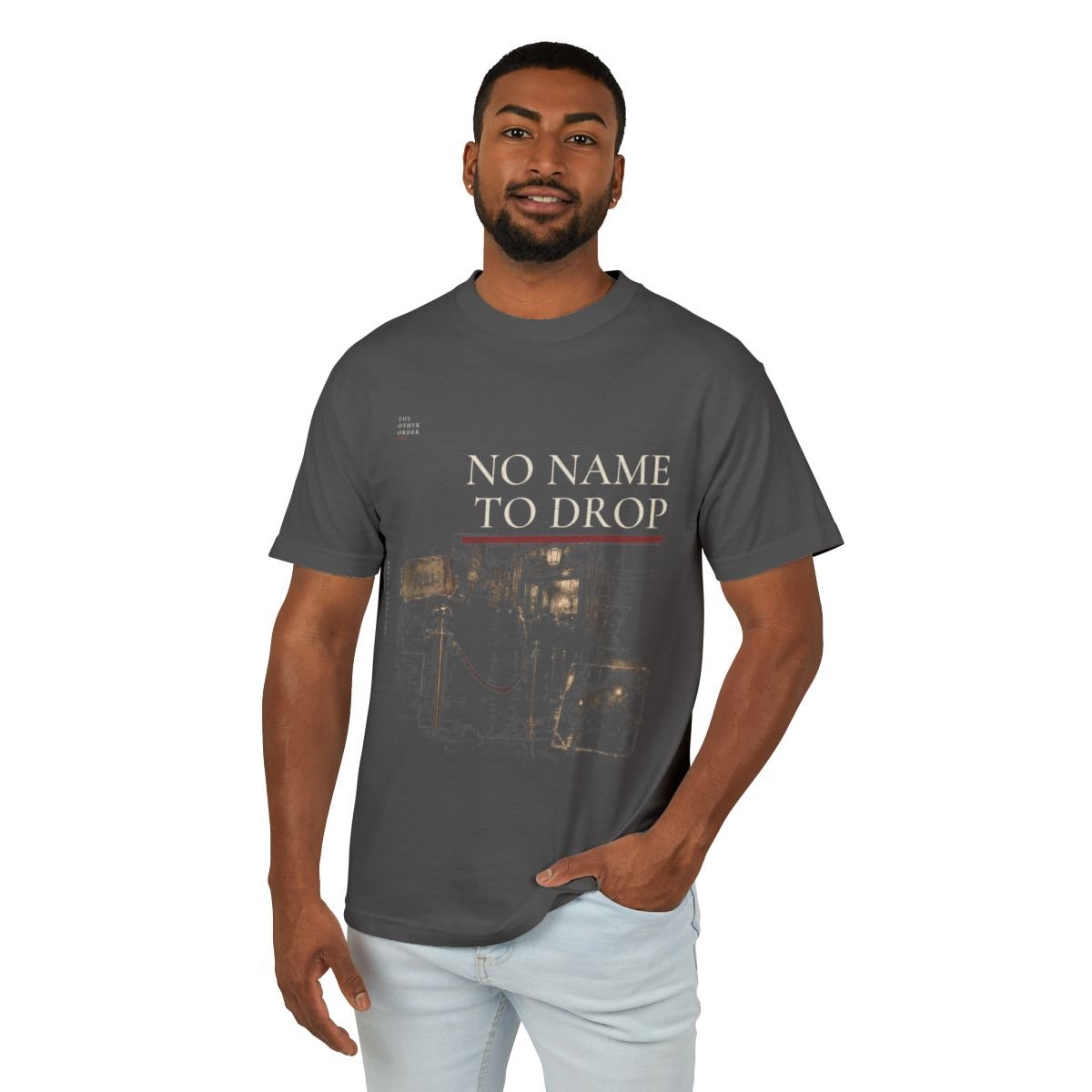 The Other Order NO NAME TO DROP., graphic study tee in obsidian — worn