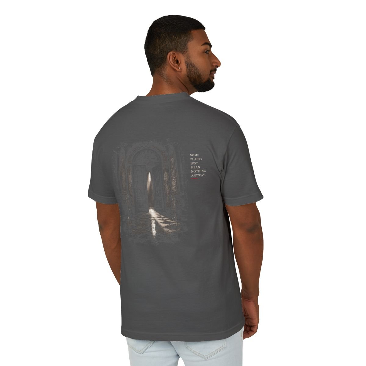 The Other Order NO NAME TO DROP., graphic study tee in obsidian — worn — rear