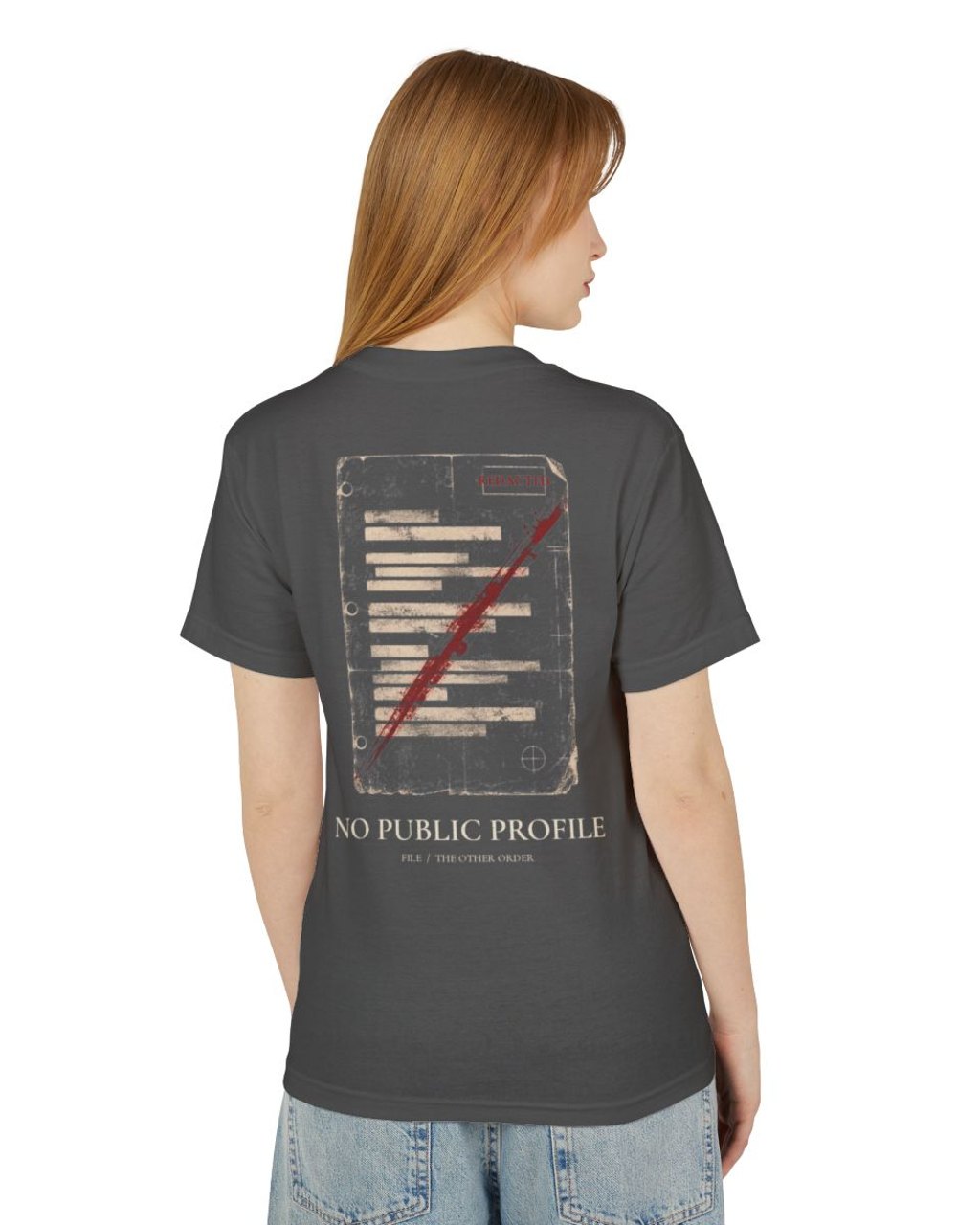The Other Order NO PUBLIC PROFILE., graphic study tee in obsidian — worn — rear