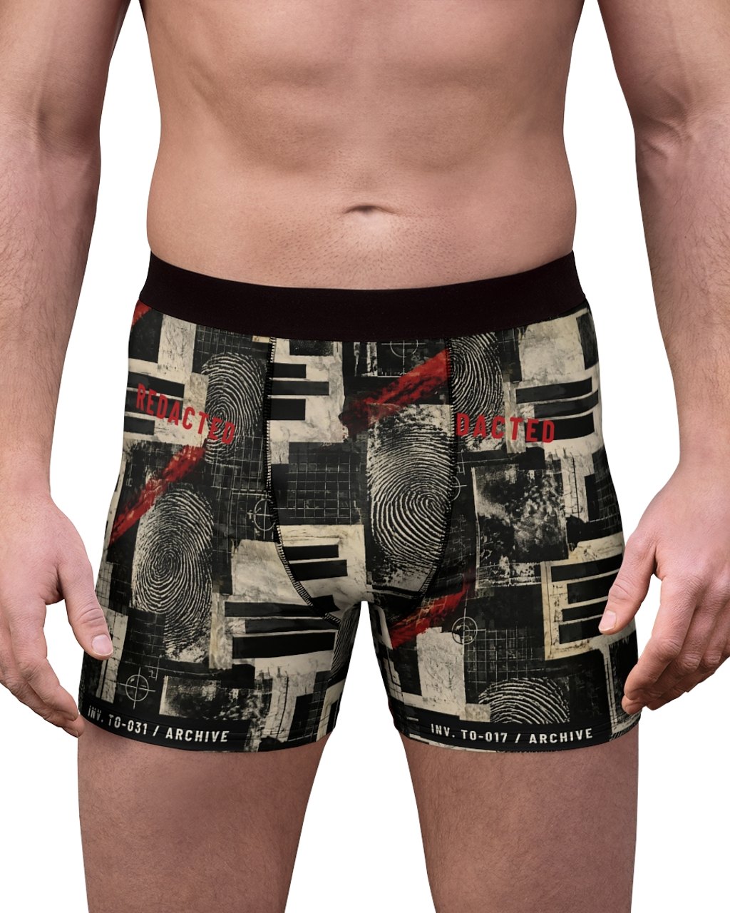 The Other Order OFF RECORD, boxer briefs in obsidian — worn — front