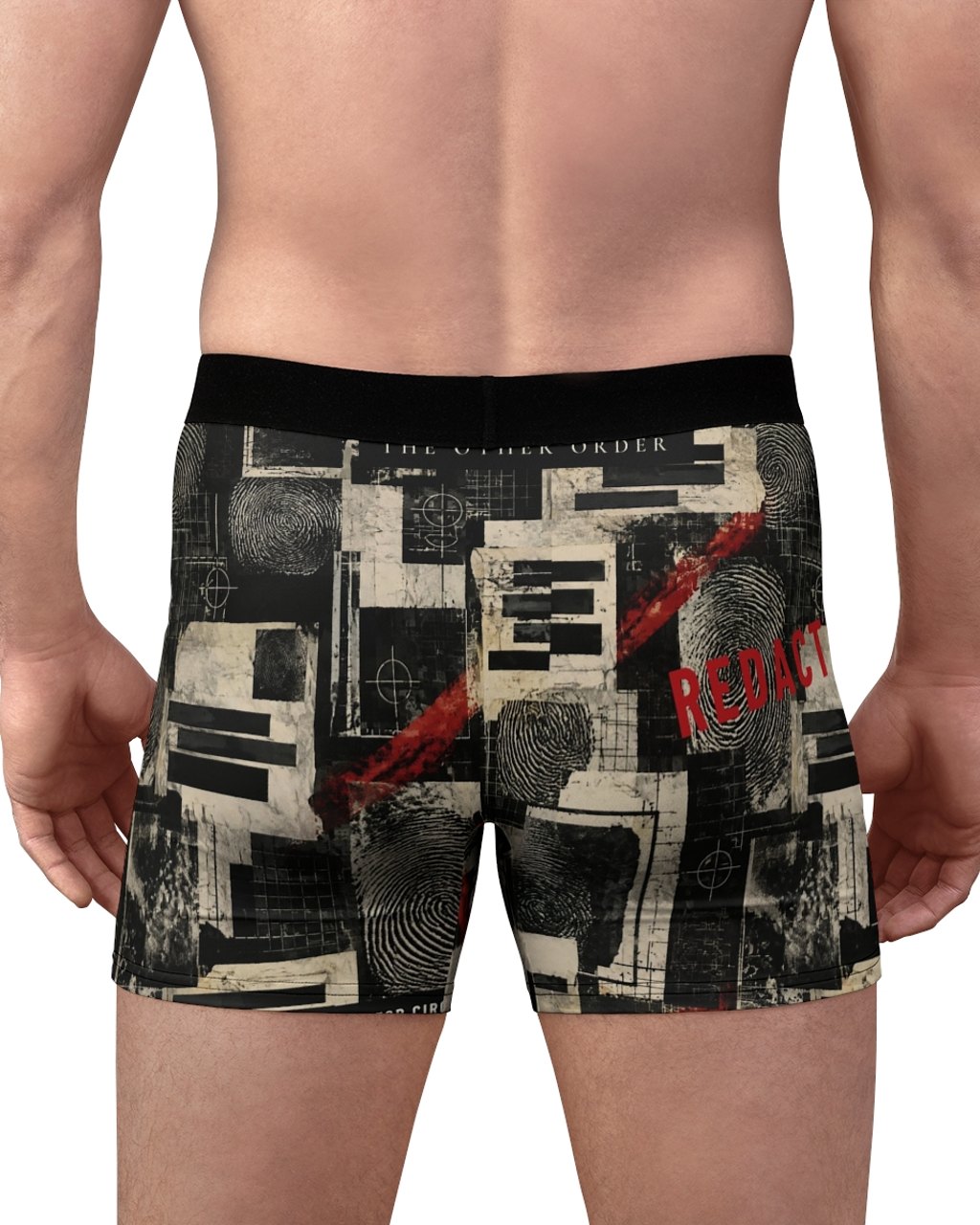 The Other Order OFF RECORD, boxer briefs in obsidian — worn — rear