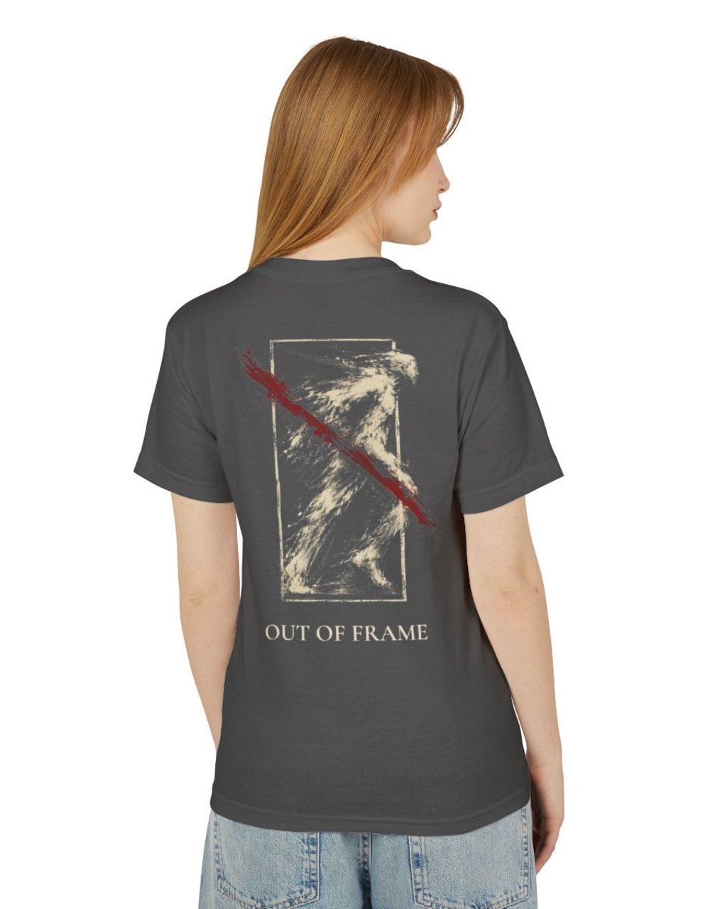 The Other Order OUT OF FRAME., graphic study tee in obsidian — worn — rear