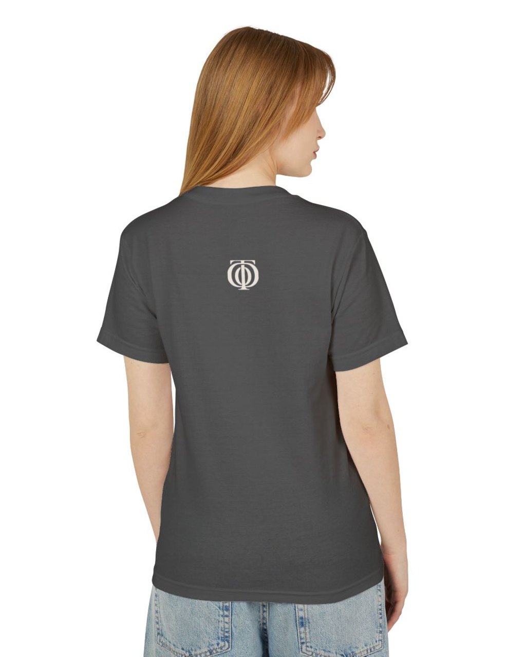 The Other Order PRIVATE FREQUENCY., graphic study tee in obsidian — worn — rear