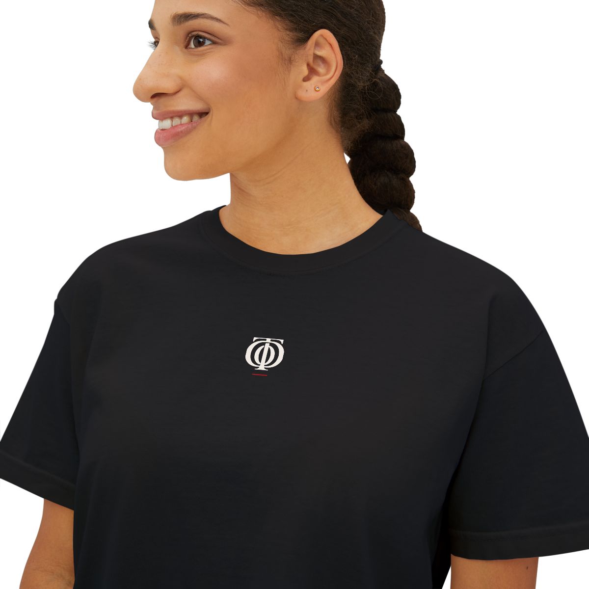The Other Order THE UNCLASSIFIED, boxy tee in obsidian — detail — chest monogram